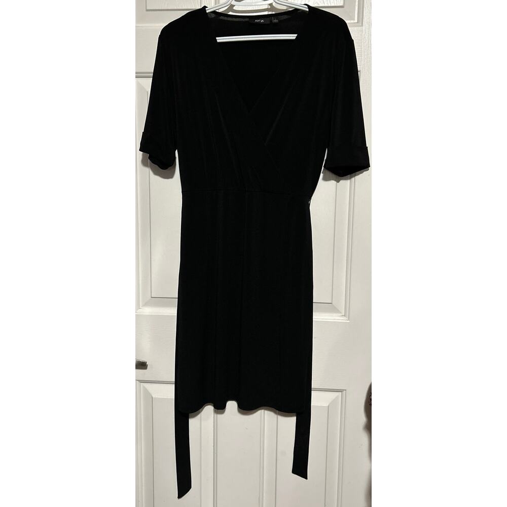 Apt. 9 Women's Black Stretchy V-Neck Short Sleeve Dress Ties in Back Size L